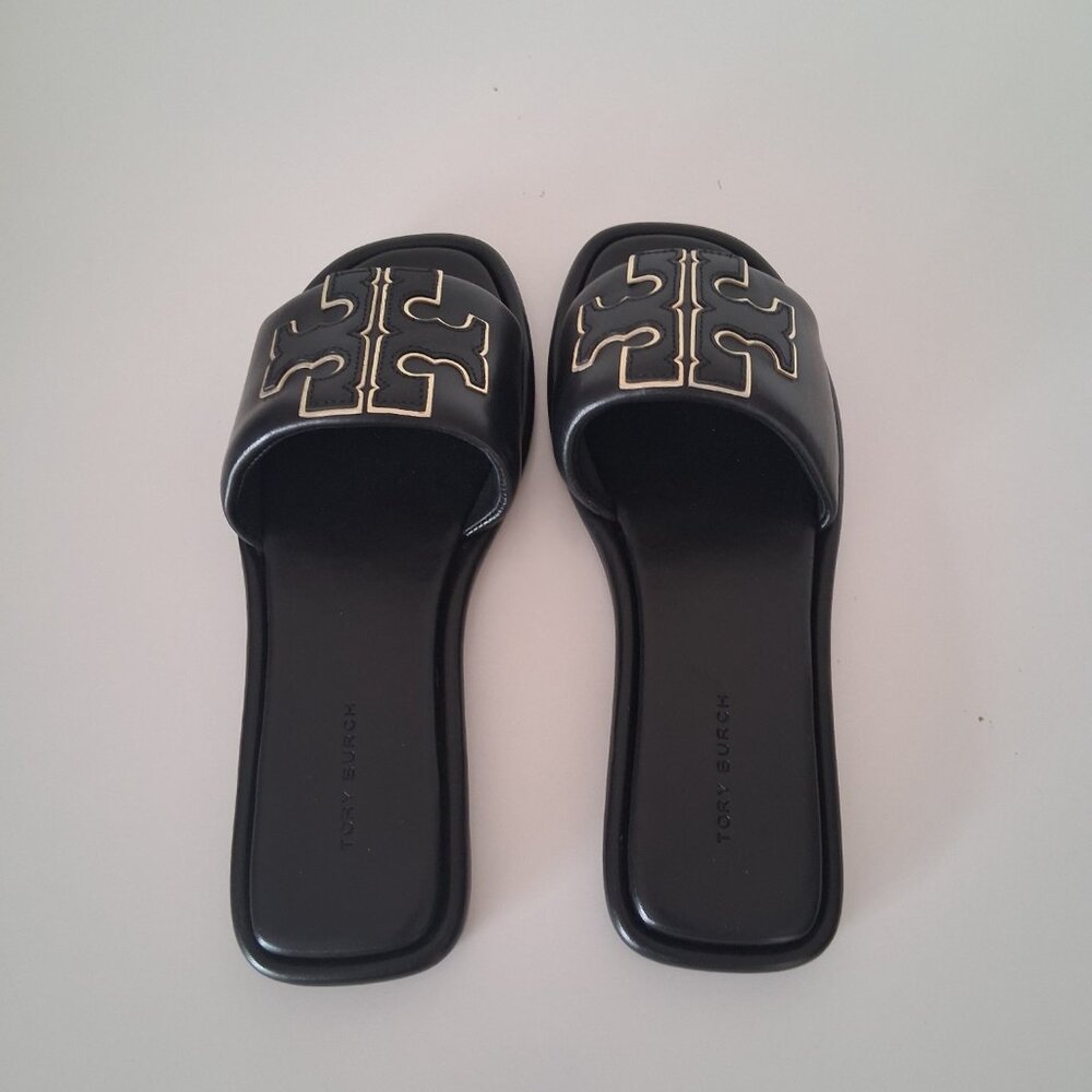 Tory Burch Double T Sport Slide Sandals Size 5.5 Perfect Black /Gold - Picture 2 of 9